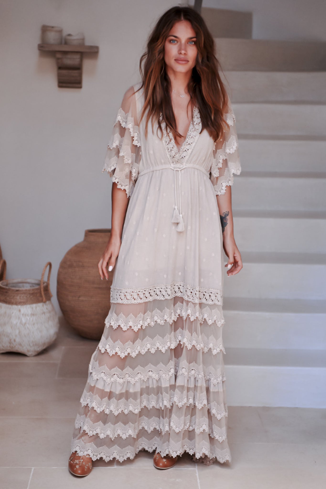 JAASE - Bungalow Maxi Dress: Emroidered Lace Deep V Neck Dress with Open Batwing Sleeves in Sand