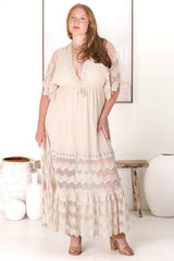 JAASE - Bungalow Maxi Dress: Embroidered Lace Deep V Neck Dress with Open Batwing Sleeves in Sand