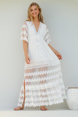 JAASE - Bungalow Maxi Dress: Embroidered Lace Deep V Neck Dress with Open Batwing Sleeves in White