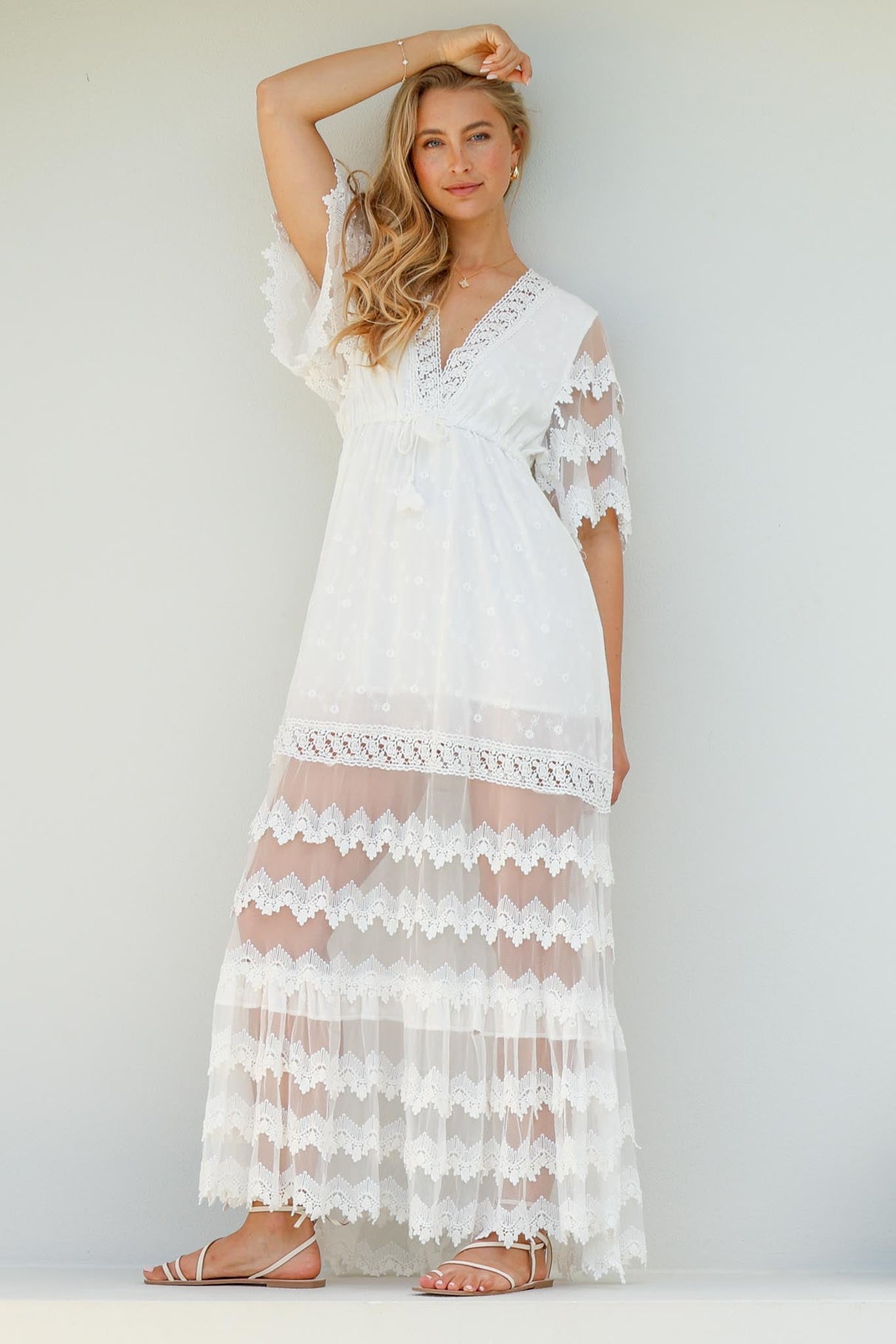 JAASE - Bungalow Maxi Dress: Embroidered Lace Deep V Neck Dress with Open Batwing Sleeves in White