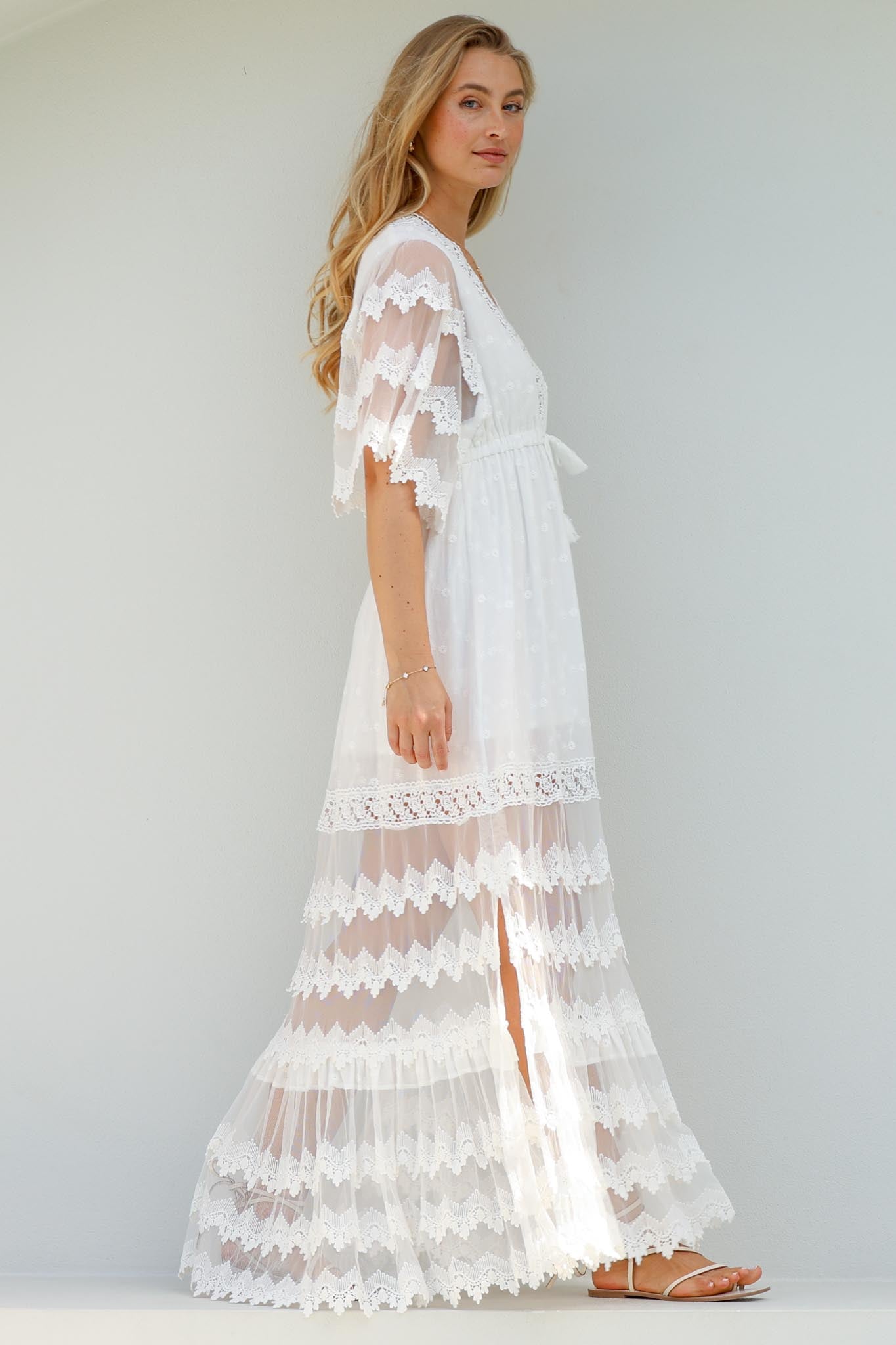 JAASE - Bungalow Maxi Dress: Embroidered Lace Deep V Neck Dress with Open Batwing Sleeves in White