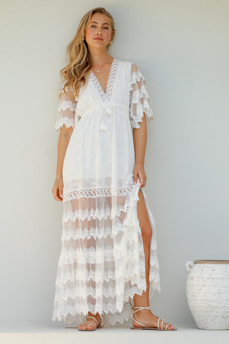 JAASE - Bungalow Maxi Dress: Embroidered Lace Deep V Neck Dress with Open Batwing Sleeves in White