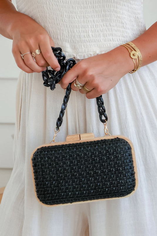 Burleigh Clutch - Timber Frame Woven Clutch with Strap in Black