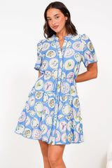 Buster Mini Dress - Mandarin Collar Shirt Dress with Waist Tie in Thatcher Print