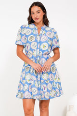 Buster Mini Dress - Mandarin Collar Shirt Dress with Waist Tie in Thatcher Print