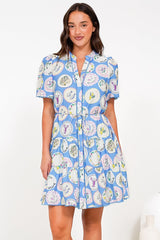 Buster Mini Dress - Mandarin Collar Shirt Dress with Waist Tie in Thatcher Print