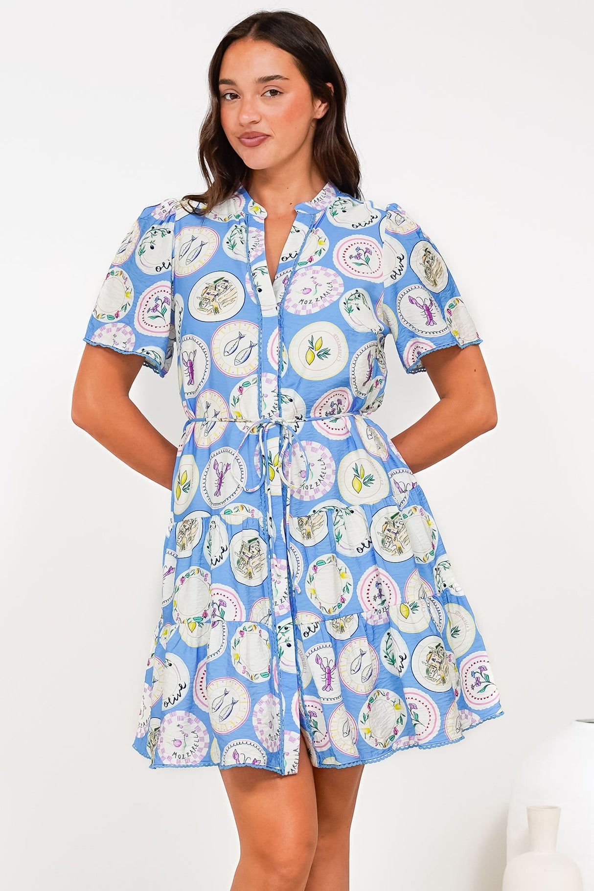 Buster Mini Dress - Mandarin Collar Shirt Dress with Waist Tie in Thatcher Print
