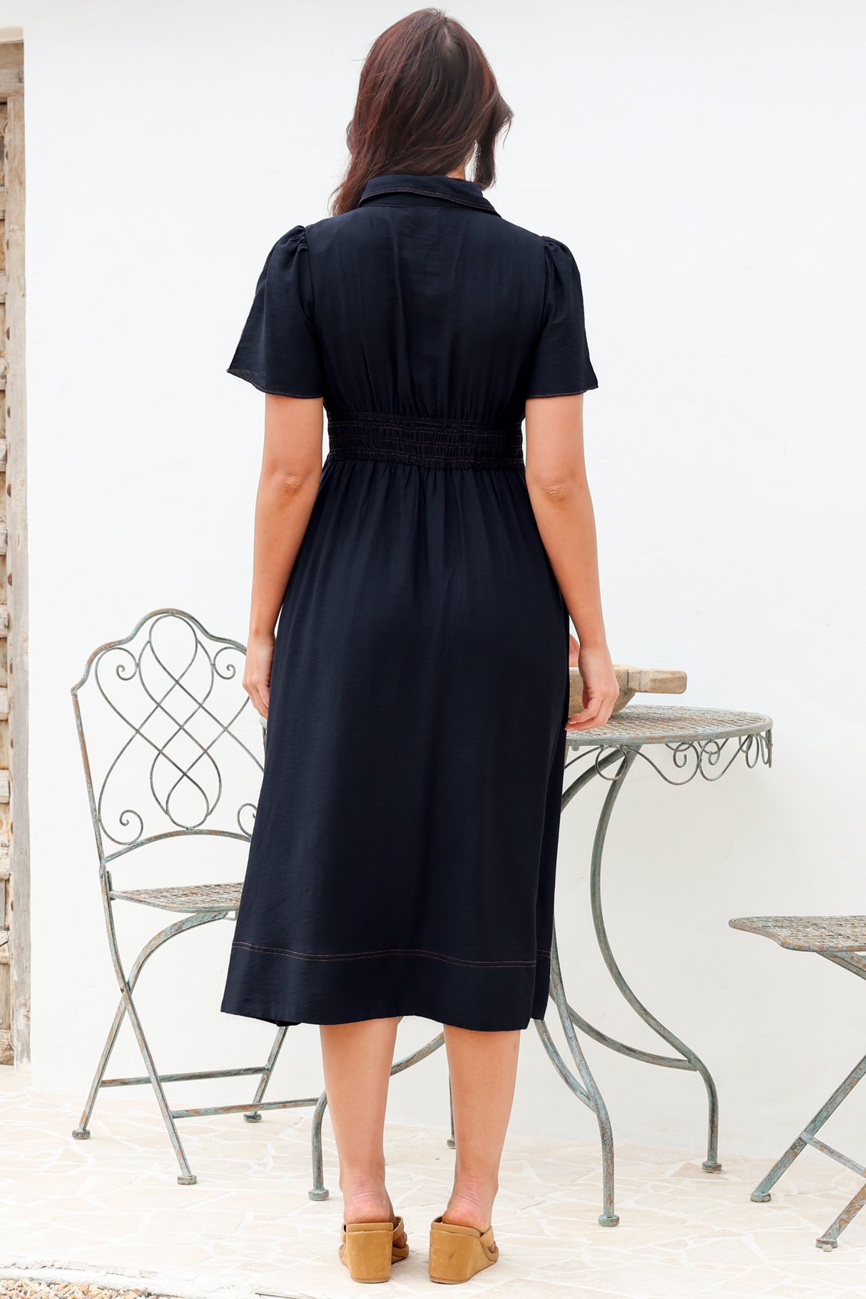Byella Midi Dress - Collared Button Down Contrast Stitched Dress with Pockets in Navy
