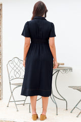 Byella Midi Dress - Collared Button Down Contrast Stitched Dress with Pockets in Navy