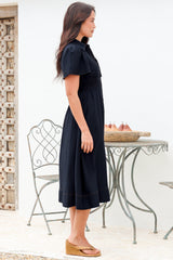 Byella Midi Dress - Collared Button Down Contrast Stitched Dress with Pockets in Navy
