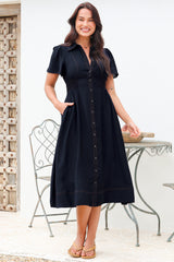 Byella Midi Dress - Collared Button Down Contrast Stitched Dress with Pockets in Navy