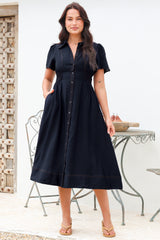 Byella Midi Dress - Collared Button Down Contrast Stitched Dress with Pockets in Navy