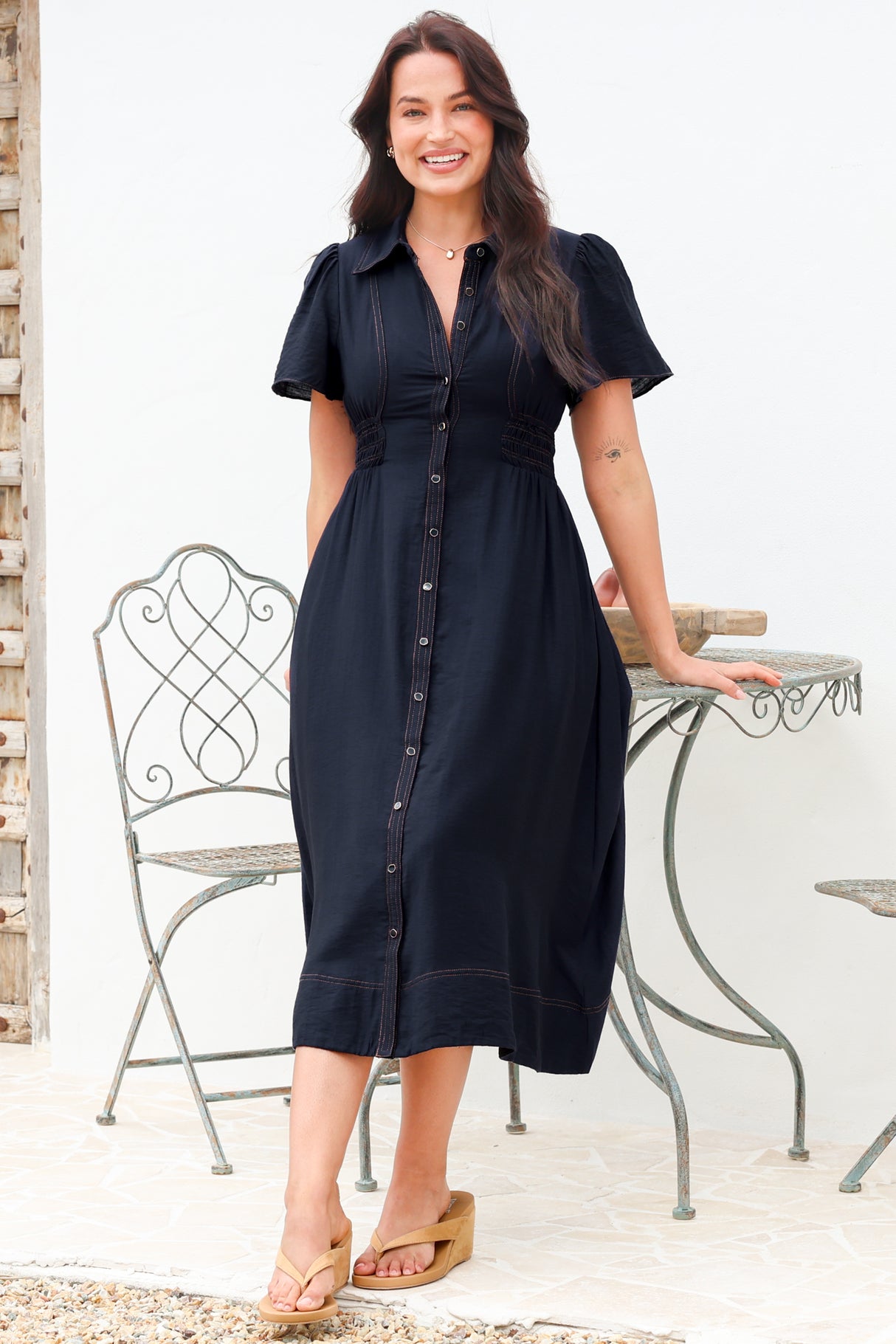 Byella Midi Dress - Collared Button Down Contrast Stitched Dress with Pockets in Navy