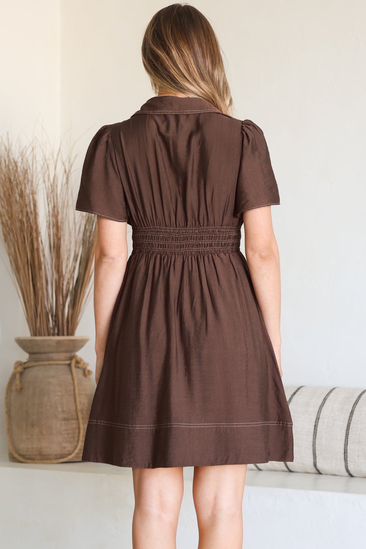 Byella Mini Dress - Collared Button Down Contrast Stitched Dress with Pockets in Chocolate