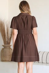 Byella Mini Dress - Collared Button Down Contrast Stitched Dress with Pockets in Chocolate