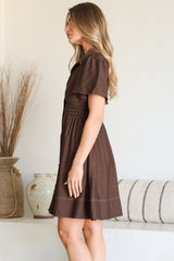 Byella Mini Dress - Collared Button Down Contrast Stitched Dress with Pockets in Chocolate