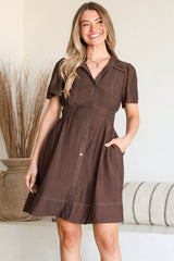 Byella Mini Dress - Collared Button Down Contrast Stitched Dress with Pockets in Chocolate