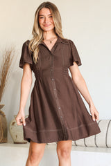 Byella Mini Dress - Collared Button Down Contrast Stitched Dress with Pockets in Chocolate