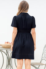 Byella Mini Dress - Collared Button Down Contrast Stitched Dress with Pockets in Navy