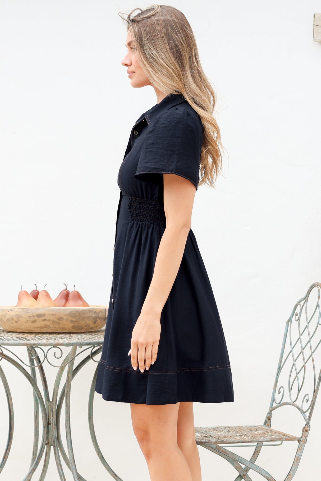 Byella Mini Dress - Collared Button Down Contrast Stitched Dress with Pockets in Navy