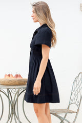 Byella Mini Dress - Collared Button Down Contrast Stitched Dress with Pockets in Navy