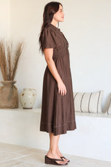 Byella Midi Dress - Collared Button Down Contrast Stitched Dress with Pockets in Chocolate