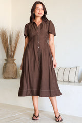 Byella Midi Dress - Collared Button Down Contrast Stitched Dress with Pockets in Chocolate