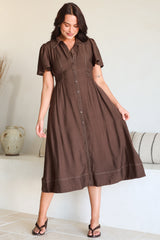 Byella Midi Dress - Collared Button Down Contrast Stitched Dress with Pockets in Chocolate