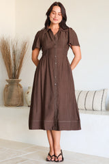 Byella Midi Dress - Collared Button Down Contrast Stitched Dress with Pockets in Chocolate