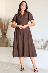 Byella Midi Dress - Collared Button Down Contrast Stitched Dress with Pockets in Chocolate
