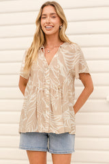 Bryonie Top - Tie V Neckline Button Down Top with Flutter Sleeves in Jeani Print Beige