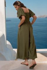 Elsa Jumpsuit- On or Off Shoulder Wide Leg Jumpsuit in Khaki