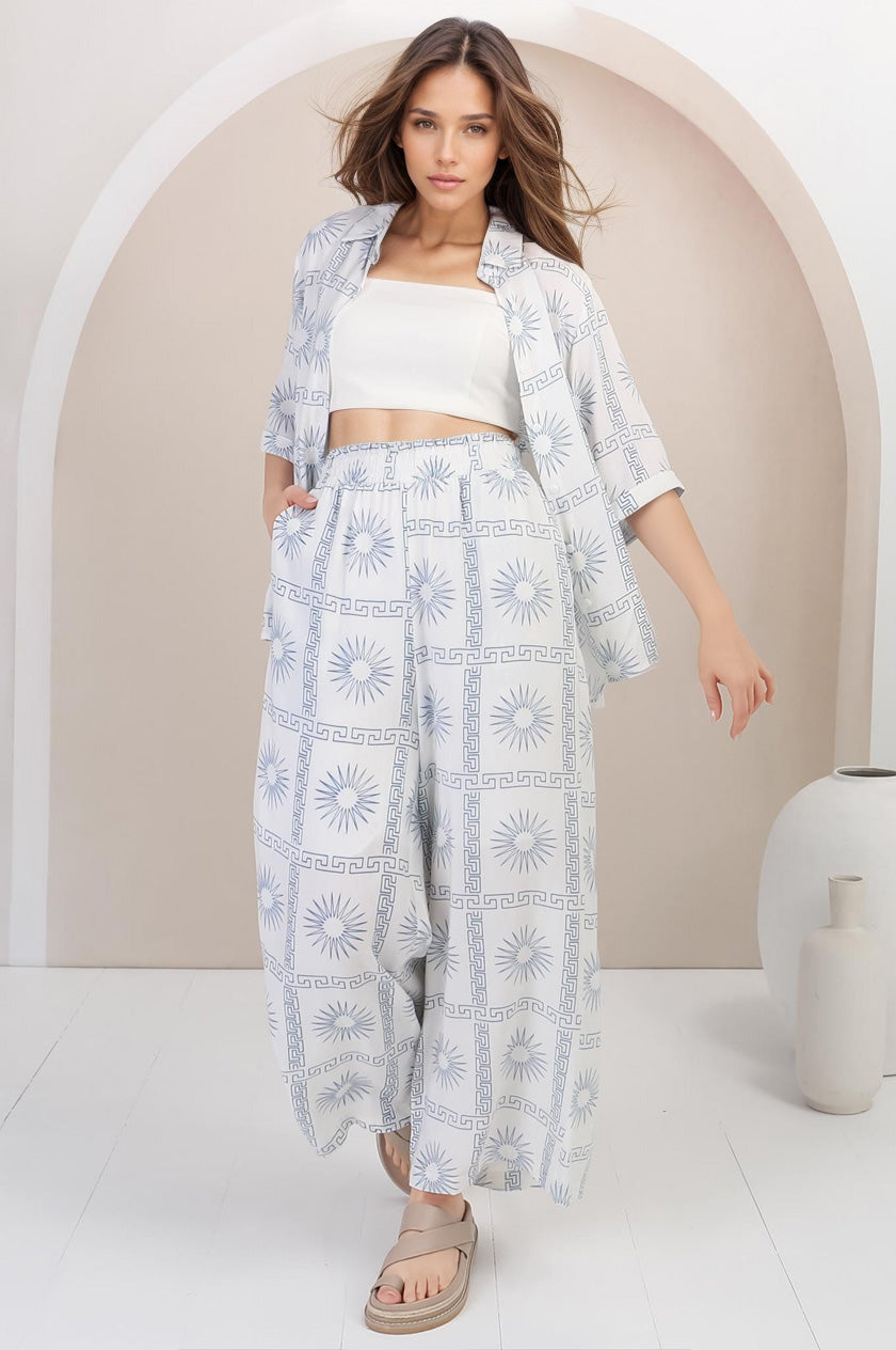 Rayane Collared Shirt and Pants Set - Astra Print in White