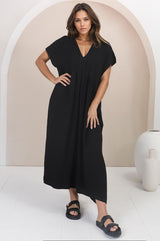 Ashanti Midi Dress - Pin Tuck V Neck Pull Over Dress with Waist Tie in Black