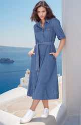 Candice Denim Midi Dress - Short Sleeve Button-Down Dress with Belt in Medium Denim