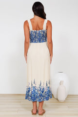 Cabana Maxi Dress - Smocked Bodice Sun Dress with Pockets in Marella Print Blue