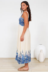 Cabana Maxi Dress - Smocked Bodice Sun Dress with Pockets in Marella Print Blue