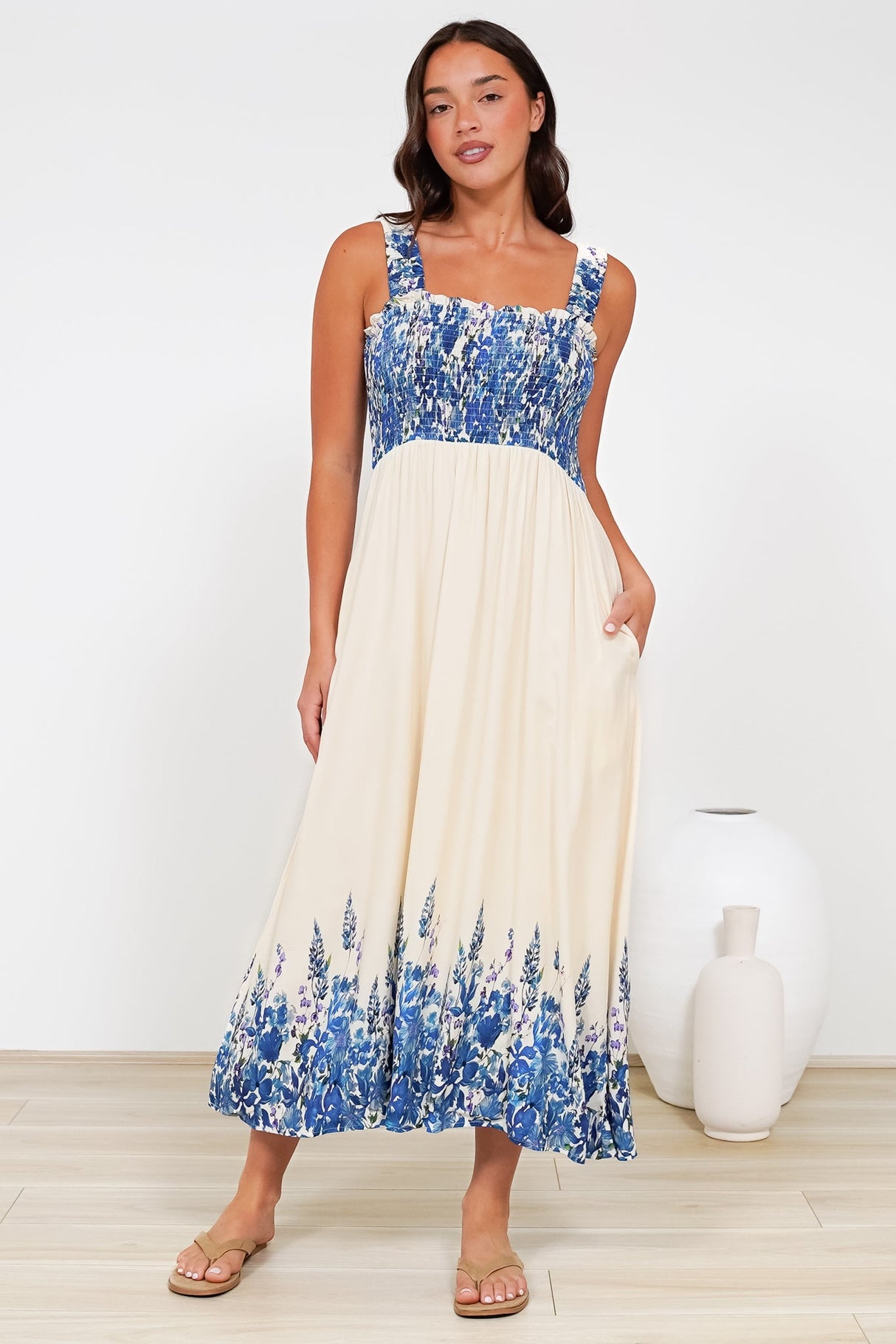 Cabana Maxi Dress - Smocked Bodice Sun Dress with Pockets in Marella Print Blue