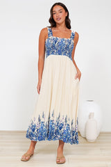 Cabana Maxi Dress - Smocked Bodice Sun Dress with Pockets in Marella Print Blue