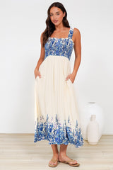 Cabana Maxi Dress - Smocked Bodice Sun Dress with Pockets in Marella Print Blue
