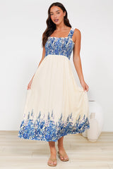 Cabana Maxi Dress - Smocked Bodice Sun Dress with Pockets in Marella Print Blue