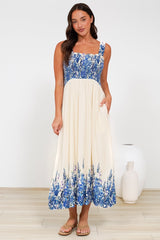 Cabana Maxi Dress - Smocked Bodice Sun Dress with Pockets in Marella Print Blue