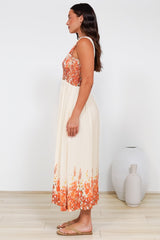 Cabana Maxi Dress - Smocked Bodice Sun Dress with Pockets in Marella Print Tangerine
