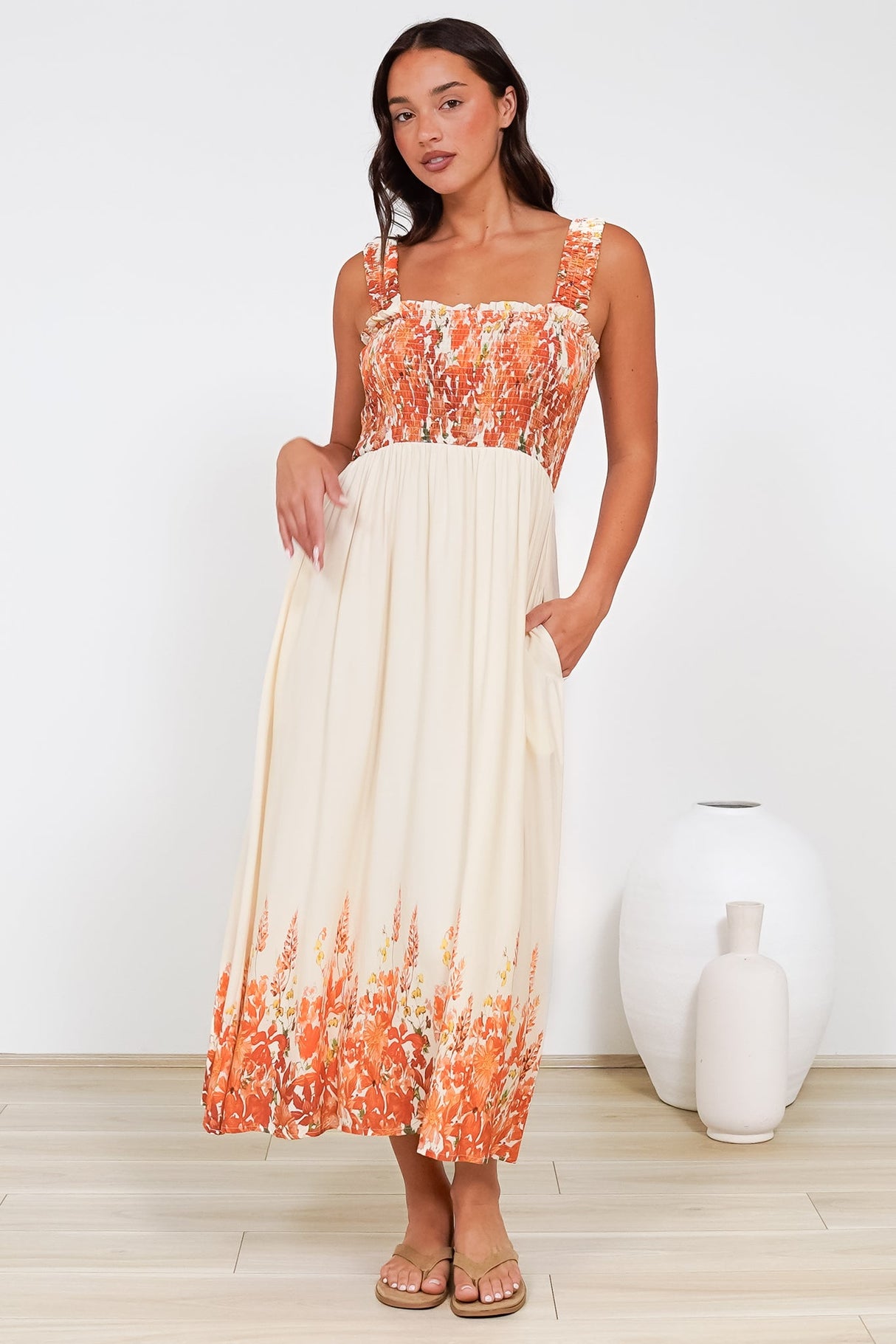 Cabana Maxi Dress - Smocked Bodice Sun Dress with Pockets in Marella Print Tangerine