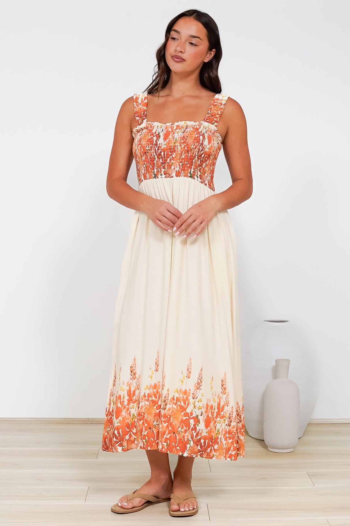 Cabana Maxi Dress - Smocked Bodice Sun Dress with Pockets in Marella Print Tangerine