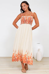 Cabana Maxi Dress - Smocked Bodice Sun Dress with Pockets in Marella Print Tangerine