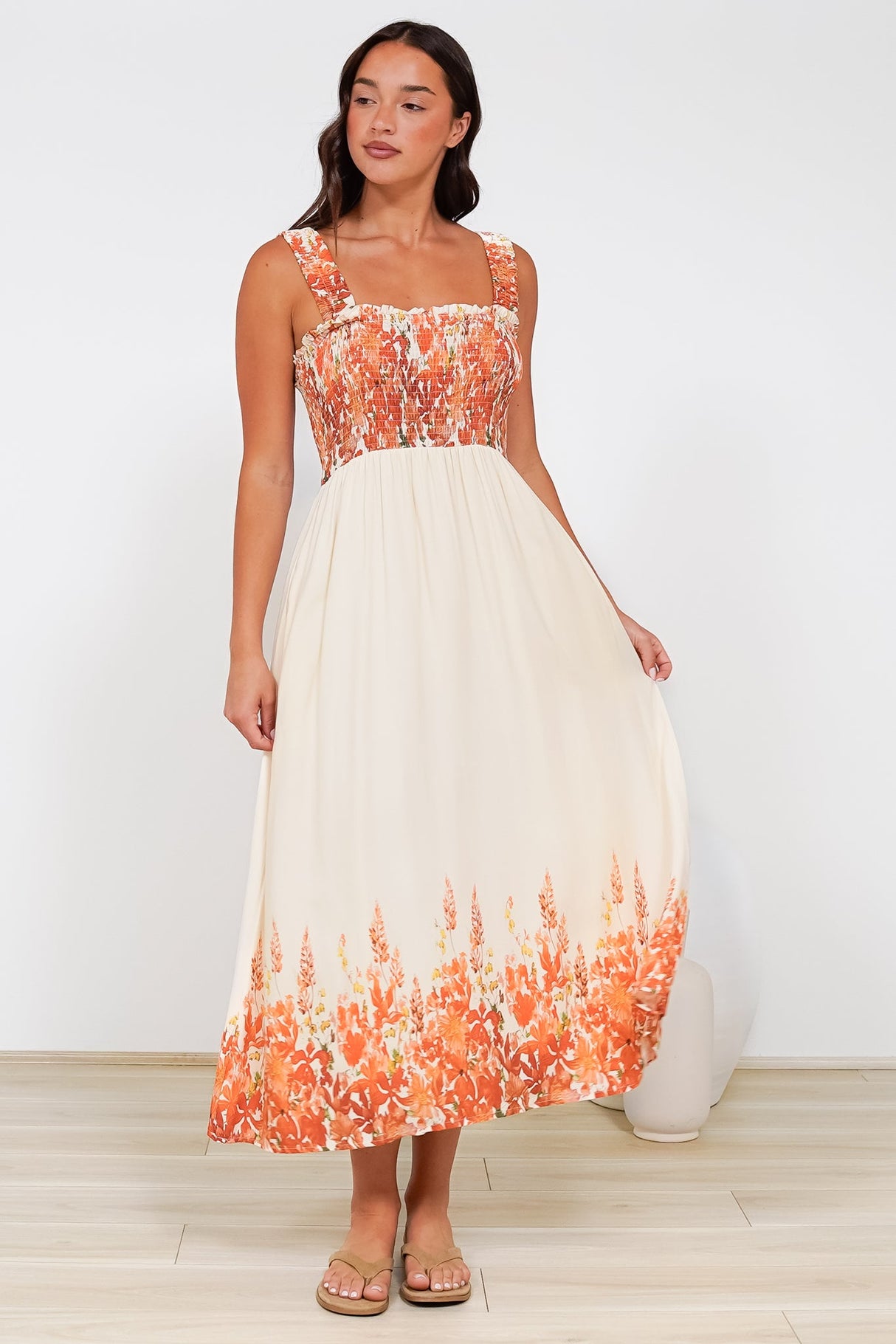 Cabana Maxi Dress - Smocked Bodice Sun Dress with Pockets in Marella Print Tangerine