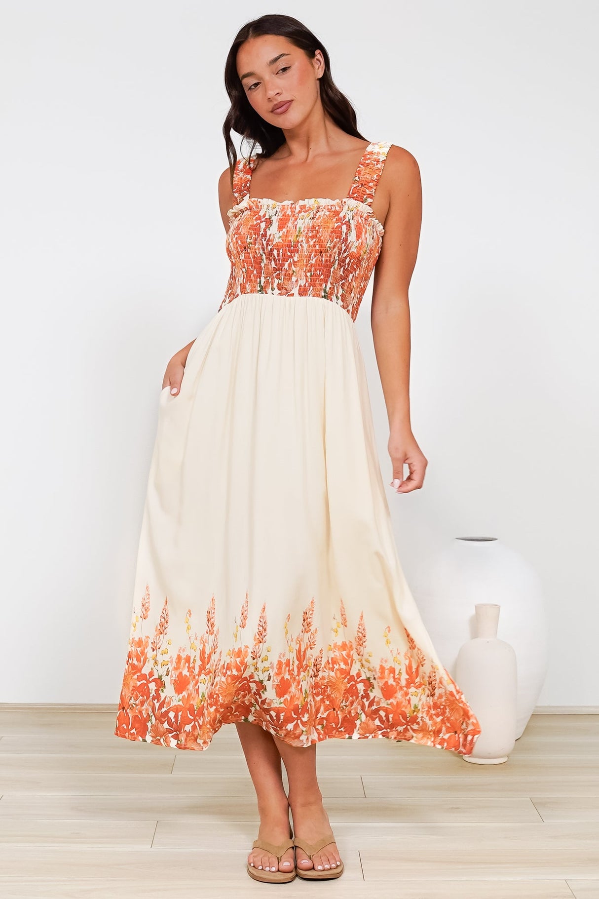 Cabana Maxi Dress - Smocked Bodice Sun Dress with Pockets in Marella Print Tangerine