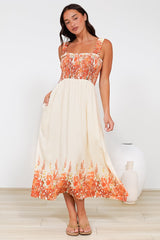 Cabana Maxi Dress - Smocked Bodice Sun Dress with Pockets in Marella Print Tangerine