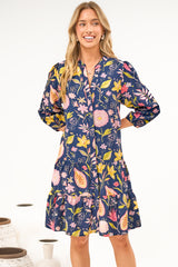 Cadell 3/4 Sleeve Mini Dress - Mandarin Collar Button Down Dress in Lanikai Print